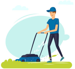 Illustration of man mowing lawn